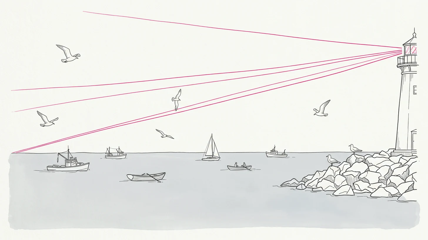 Eine Leuchtbake mit magentafarbenem Feuer weist einem kleinen Segelboot den Weg – Sinnbild für Sichtbarkeit, wenn die KI antwortet