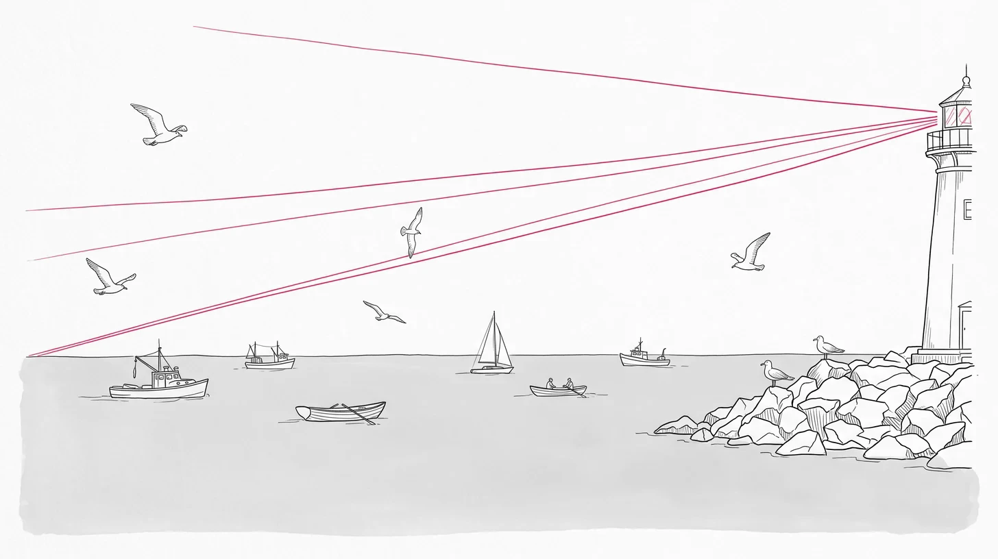 Eine Leuchtbake mit magentafarbenem Feuer weist einem kleinen Segelboot den Weg – Sinnbild für Sichtbarkeit, wenn die KI antwortet