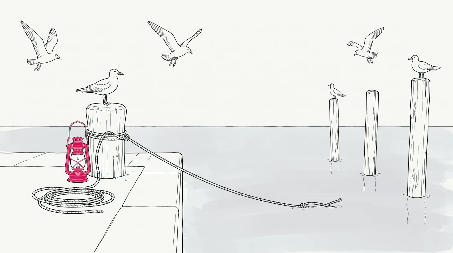 Fein gezeichneter Hafenkai: Eine Festmacherleine ist am Poller belegt, ihr anderes Ende liegt lose im Wasser. Die Dalben gegenüber sind leer.