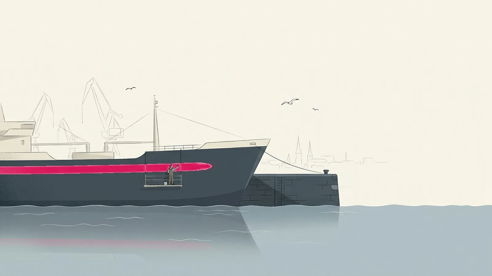 Ein Schiff im Hamburger Hafen erhält einen frischen magentafarbenen Anstrich von einem Maler auf der Hängebühne – Sinnbild für die Umbenennung der Werbeagentur in eyedee – Agentur für Marketing