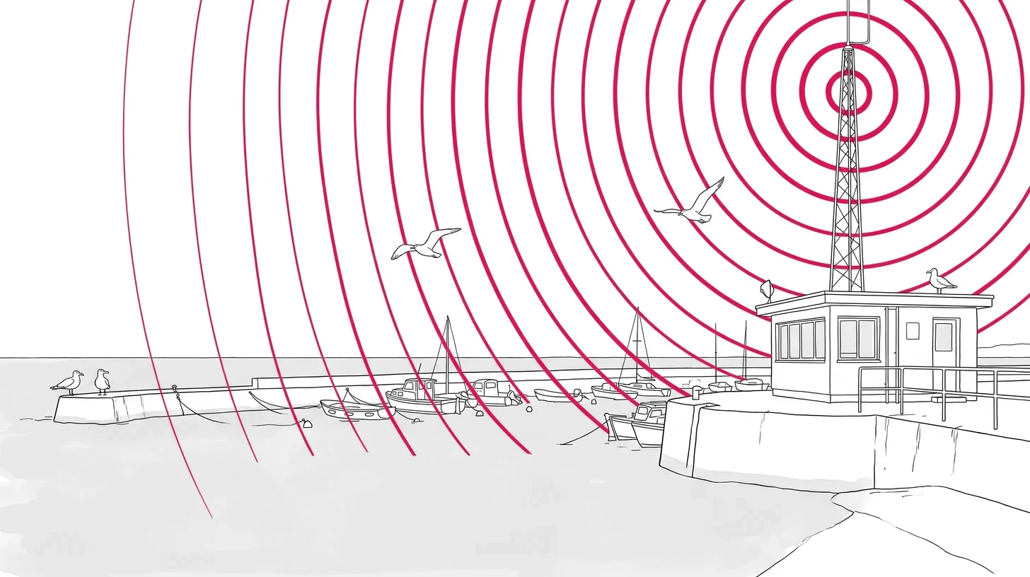 Ein Leuchtturm sendet einen magentafarbenen Lichtstrahl über das Wasser, Boote folgen – Sinnbild für Sichtbarkeit in KI-Antworten