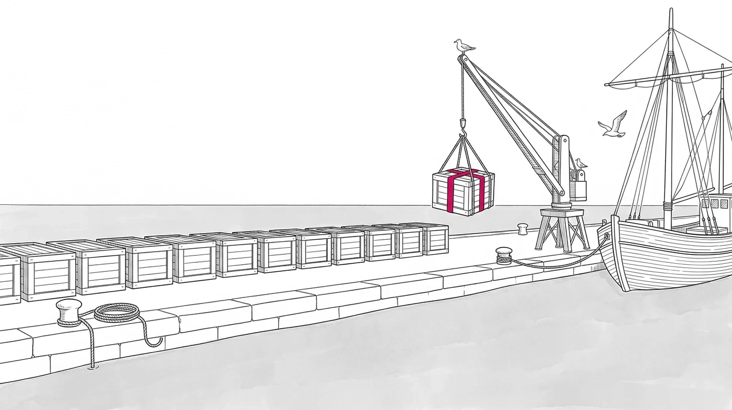 Fein gezeichnete Hafenszene: Auf dem Kai steht eine lange Reihe gleicher Frachtkisten, ein Kran hebt genau eine davon mit magentafarbenem Gurt zum wartenden Segelschiff.