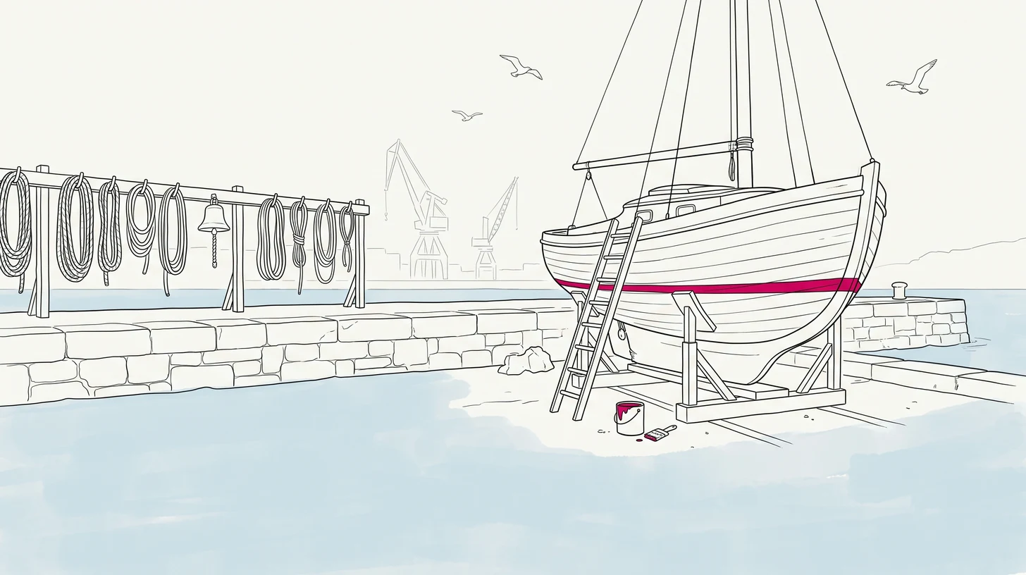 Ein Boot im Trockendock, frisch gezogene Wasserlinie in Magenta – Sinnbild für den Markenauftritt, der vor dem Start entsteht
