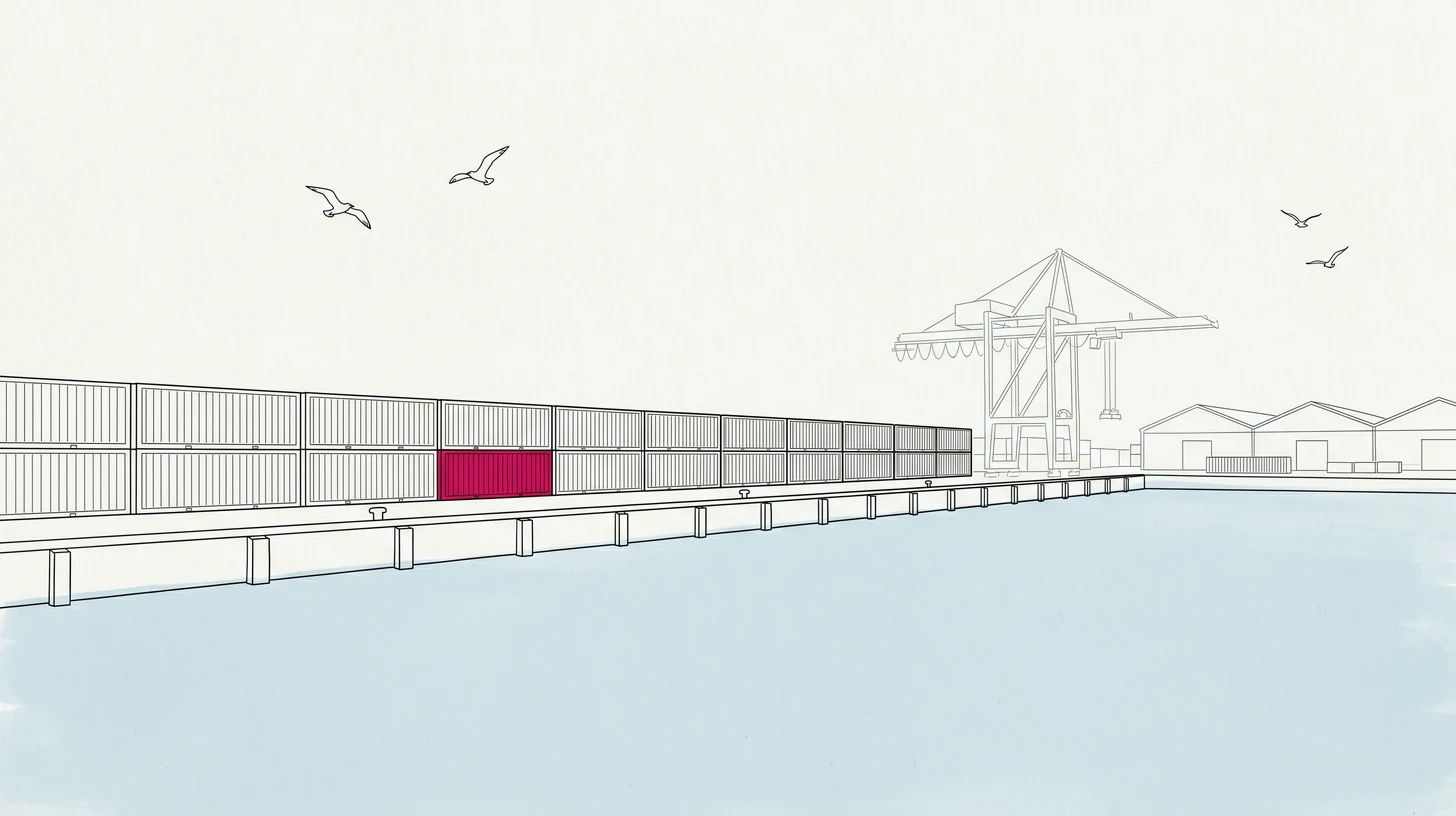 Eine lange Reihe Container am Kai, einer davon in Magenta – Sinnbild für ein Budget, das in Posten aufgeteilt ist