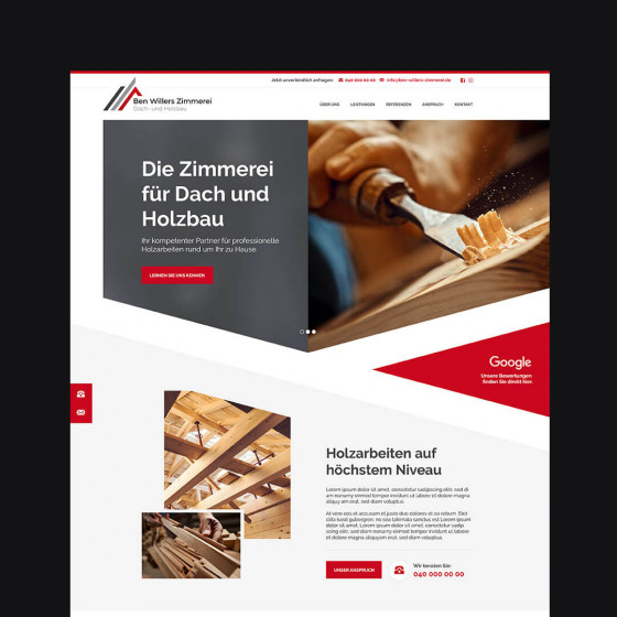 Website einer Zimmerei für Dach- und Holzbau mit Handwerksfotografie