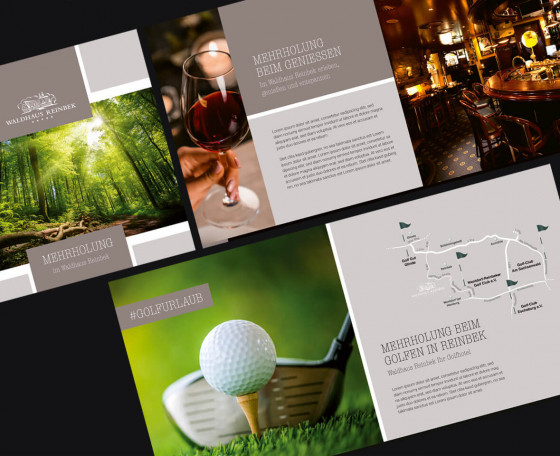 Broschürenlayout eines Privathotels mit Genuss- und Golf-Arrangements