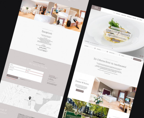 Website eines Privathotels im Landhausstil mit Buchungsstrecke, Desktop- und Unterseiten-Ansicht