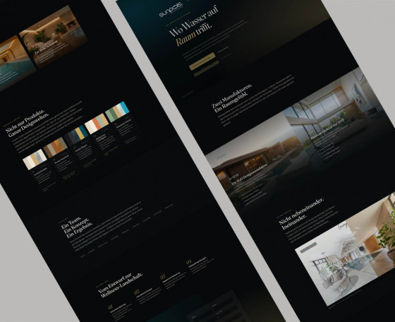 Unterseiten einer Website für Pool- und Raumgestaltung mit Farb- und Materialwelt