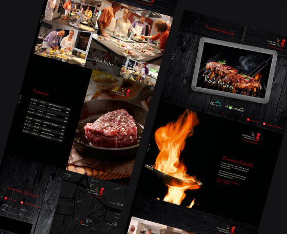 Website einer Kochschule mit dunkler Food-Fotografie