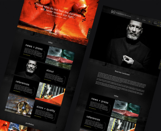 Dunkle Portfolio-Website eines Künstlers mit Werkserien und Presse-Bereich
