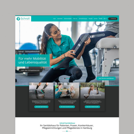 Website eines Sanitätshauses mit Orthopädietechnik und Beratungsangeboten
