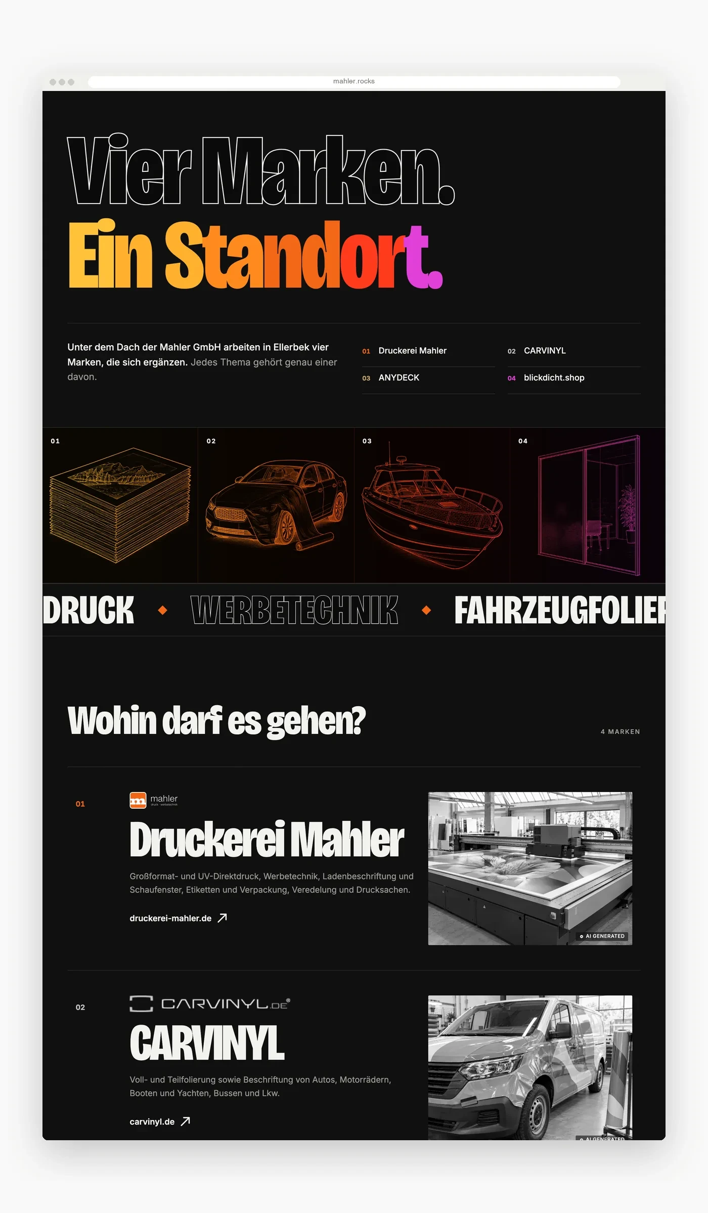 Die Startseite von mahler.rocks in voller Länge: Plakattitel, darunter vier Zeichnungen nebeneinander, ein Laufband mit den Schlagworten Druck, Werbetechnik und Fahrzeugfolierung, dann die Markenzeilen mit Logo, Beschreibung und Foto.