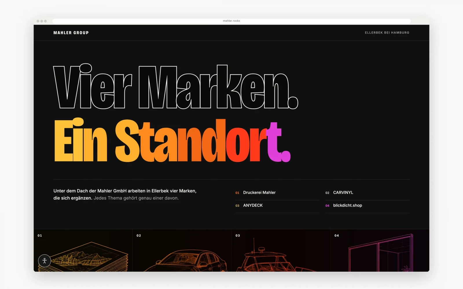 Startseite von mahler.rocks: die Überschrift „Vier Marken. Ein Standort." auf schwarzem Grund, die erste Zeile als weiße Kontur, die zweite in Gelb, Orange, Rot und Violett.