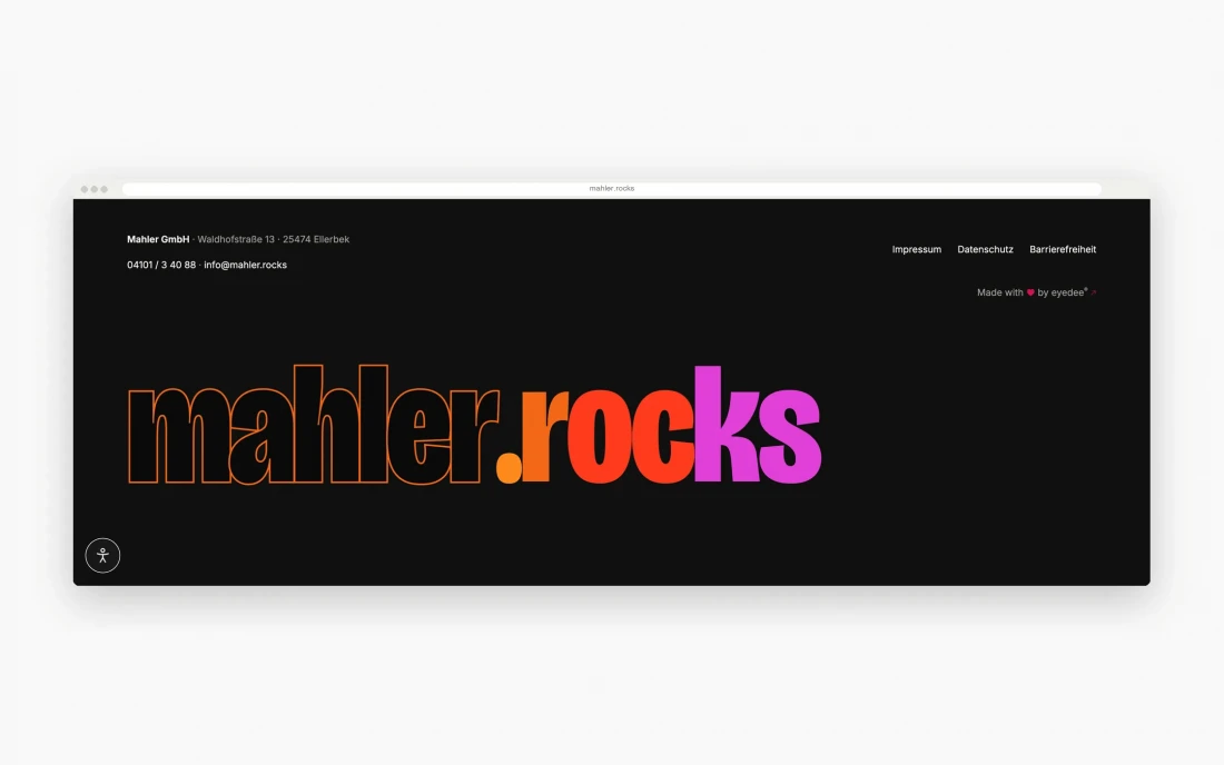 Fußbereich von mahler.rocks mit Anschrift der Mahler GmbH, Links zu Impressum, Datenschutz und Barrierefreiheit und der großen Wortmarke „mahler.rocks".