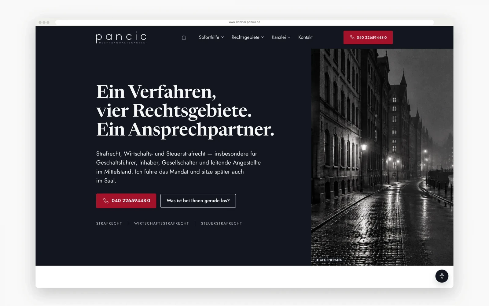 Startseite der Pancic Rechtsanwaltskanzlei mit der Überschrift „Ein Verfahren, vier Rechtsgebiete. Ein Ansprechpartner." auf dunklem Grund, rechts ein Nachtfoto der Speicherstadt.