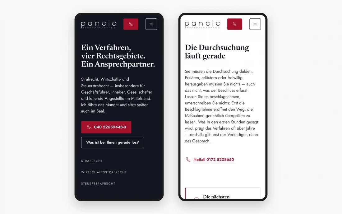 Zwei Telefonansichten: links die Startseite mit der Überschrift und der Rufnummer, rechts die Seite zur laufenden Durchsuchung.