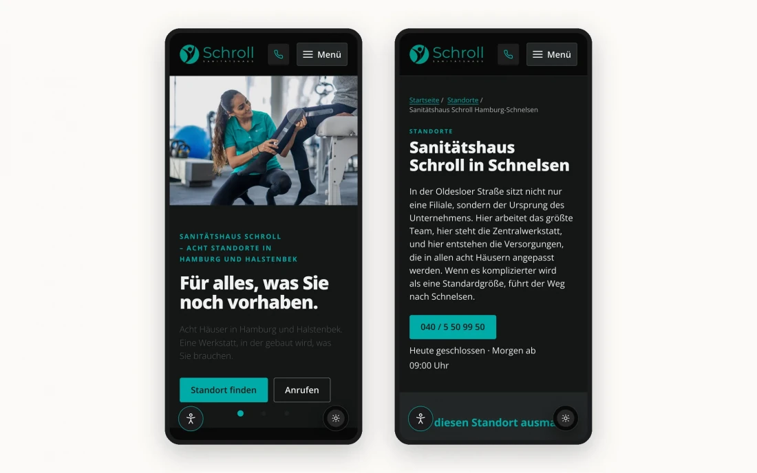 Zwei Smartphone-Ansichten: die Startseite und die Standortseite Hamburg-Schnelsen
