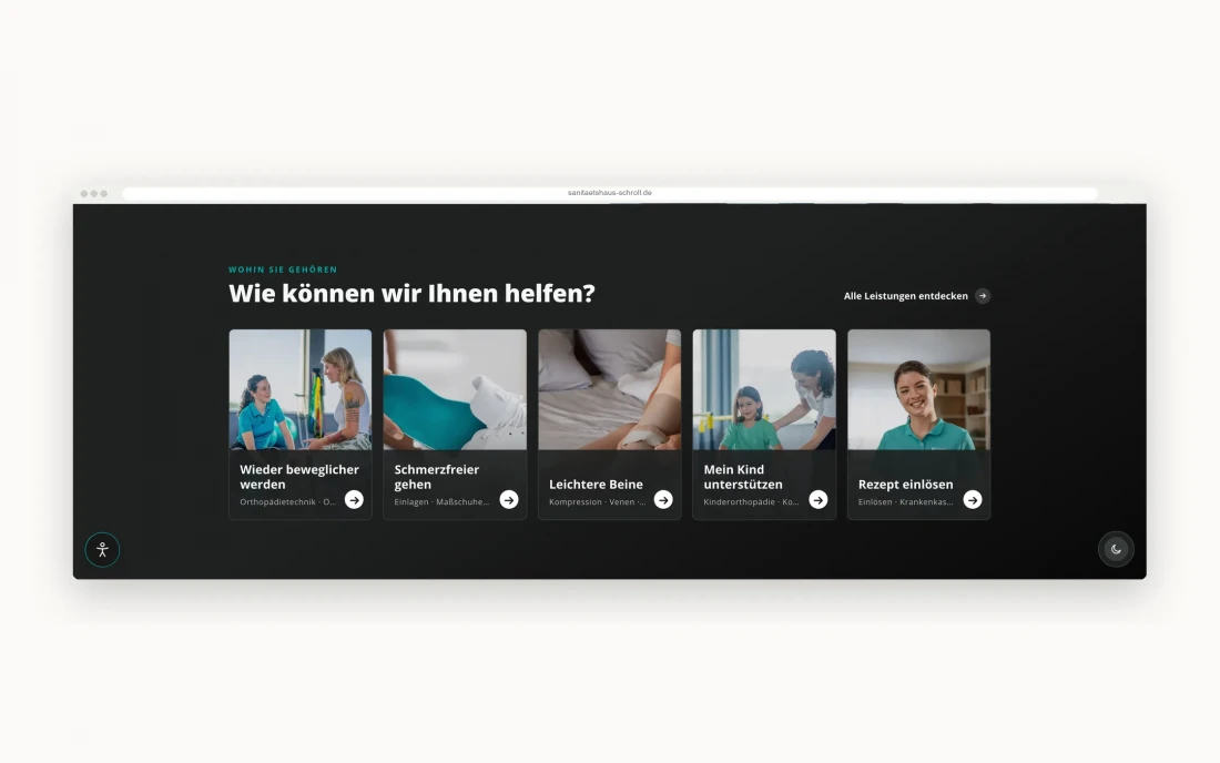 Dunkler Abschnitt „Wie können wir Ihnen helfen?“ mit fünf Anliegen als Einstieg zu den Leistungen