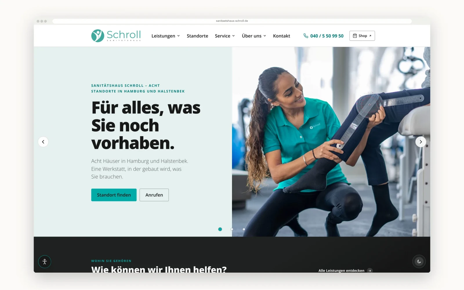 Startseite des Sanitätshauses Schroll mit Hero-Bild, Kicker zu acht Standorten und der Zeile „Für alles, was Sie noch vorhaben“