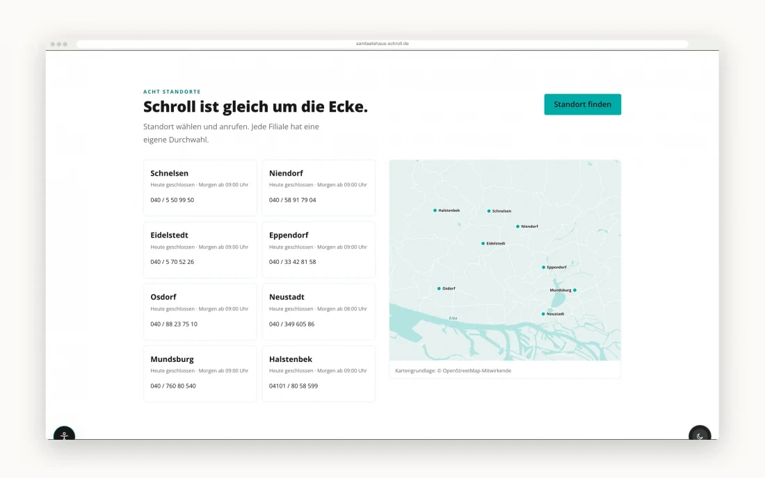 Standortbereich der Startseite: acht Filialkarten mit Öffnungsstatus und Durchwahl neben einer gezeichneten Karte von Hamburg