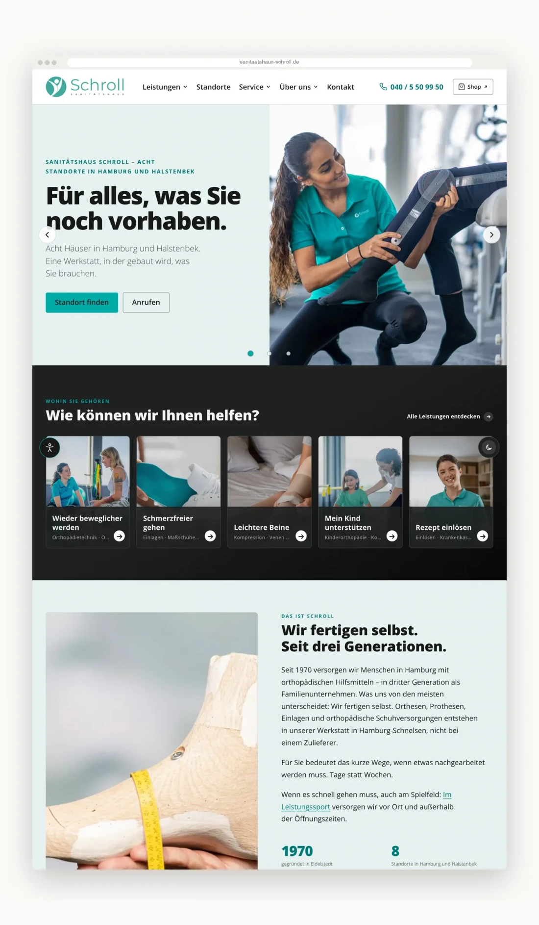 Die Startseite des Sanitätshauses Schroll von oben: Hero, die fünf Anliegen und der Beginn des Standortfinders in einem hohen Browserfenster