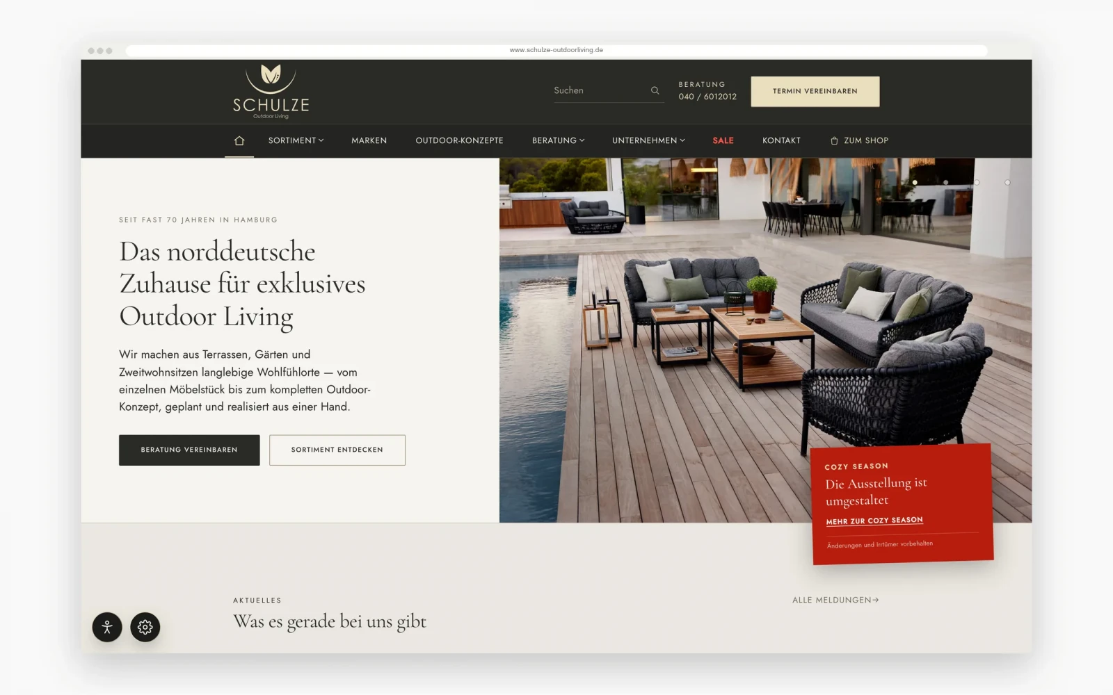 Startseite von Schulze Outdoor Living mit der Überschrift „Das norddeutsche Zuhause für exklusives Outdoor Living", links der Einstieg mit zwei Schaltflächen, rechts ein großes Foto einer Terrasse am Pool.