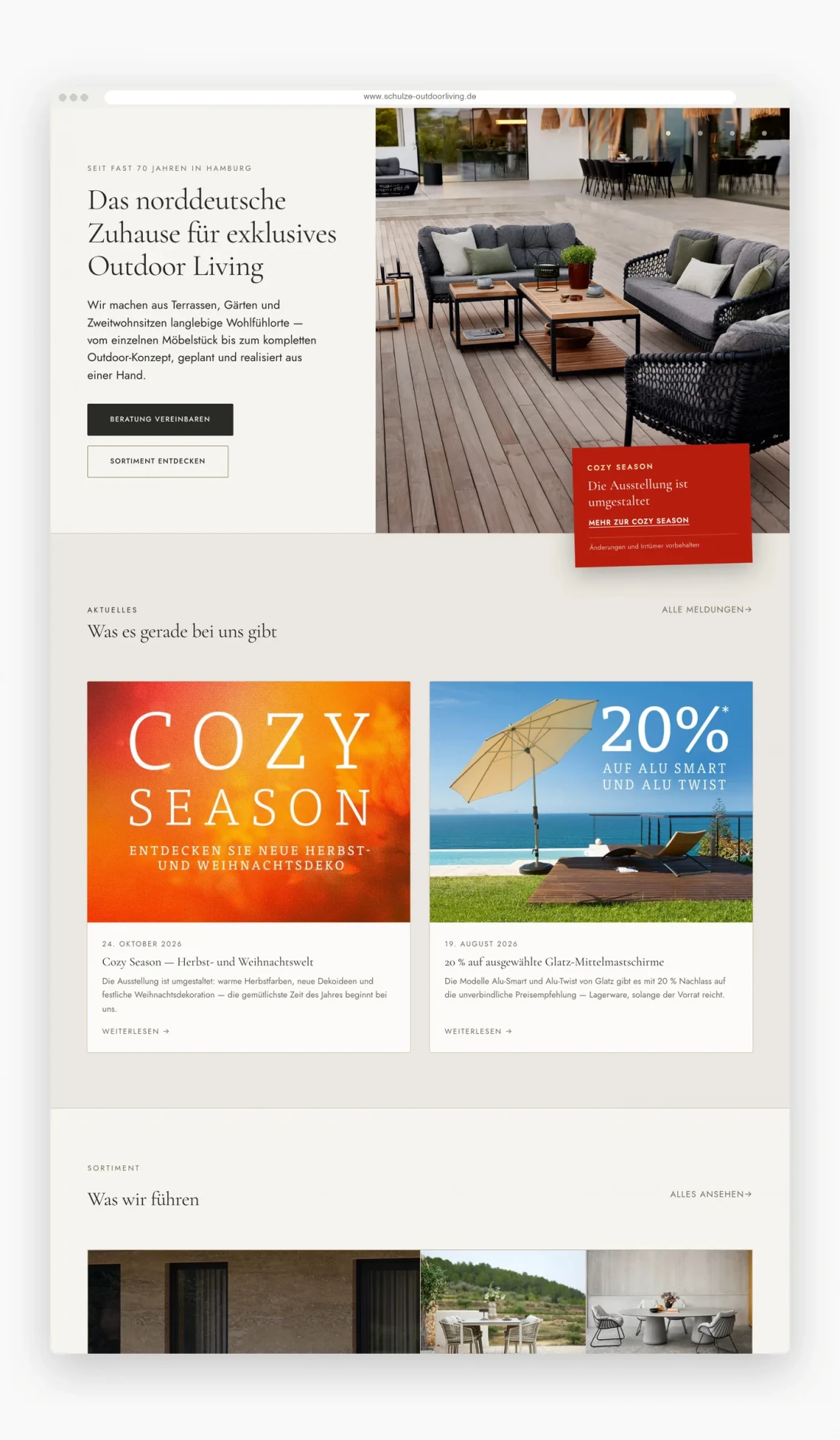 Die Startseite von Schulze Outdoor Living von oben: Überschrift und Einstieg neben einem großen Terrassenfoto, darunter zwei aktuelle Meldungen und der Beginn des Sortiments.