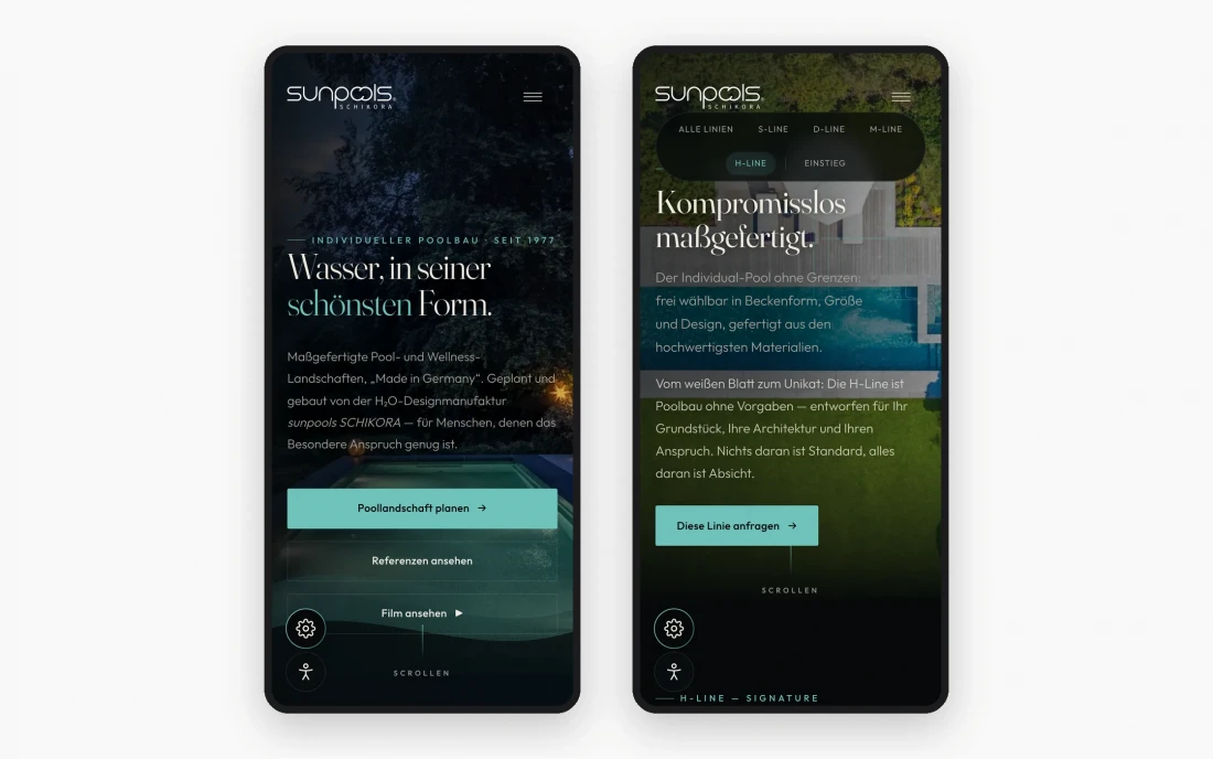 Zwei Smartphone-Ansichten: die Startseite und die Seite der Pool-Linie H